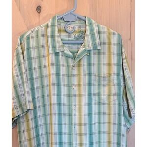 Tommy Bahama Silk Button Up Shirt Plaid Green Yellow Short Sleeve Men's XL‎